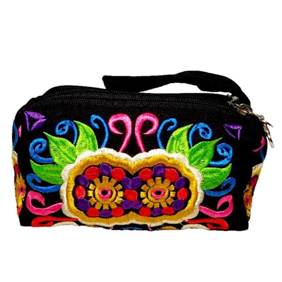 Embroidery Black Wristlet 3-Layer Zipper Geo Floral Fabric Gold Red Pouch Lined - Picture 1 of 10